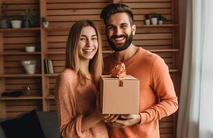 AI Generative Happy couple in love having fun unboxing cardboards moving in the new house photo