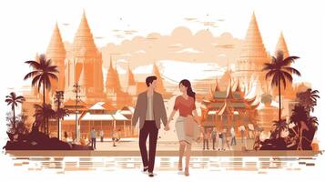 AI Generative Happy couple of tourist holding hands are running in the city at weekend holiday Tourism people and holidays concept photo