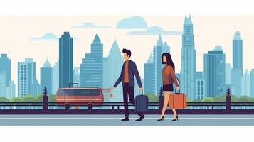 AI Generative Happy couple of tourist wearing mask to protect from Covid19 are walking in the city holding hands and suitcase New normal travel concept photo