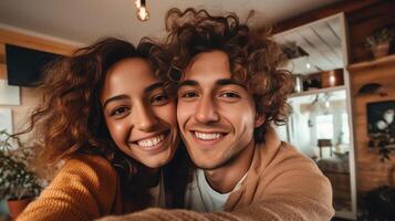 ai generativo contento Pareja tomando un selfie acostado en el alfombra a hogar concepto acerca de relación y personas foto