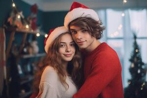 AI Generative Happy couple taking funny selfie celebrating Christmas time at home   Winter holiday concept with young friends having fun photo