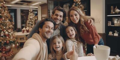 ai generativo contento Pareja tomando gracioso selfie celebrando Navidad hora a hogar invierno fiesta concepto con joven amigos teniendo divertido foto