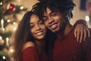 AI Generative Happy couple taking funny selfie celebrating Christmas time at home   Winter holiday concept with young friends having fun photo