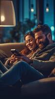 AI Generative Happy couple watching smart mobile phone device sitting on sofa at home  Husband and wife having fun together using cellphone  Happy lifestyle and technology concept photo