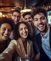 AI Generative Happy diverse friends enjoying happy hour taking selfie with smart mobile phone sitting on dining table  Young people drinking mojito cocktails at bar restaurant  Happy lifestyle c photo