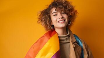 AI Generative Happy drag queen smiling at camera on a yellow background  Trans man celebrating gay pride day  Lgbt community concept photo