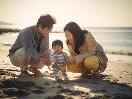 AI Generative Happy family having a good time at the beach Mom and dad playing with their daughter at vacation photo