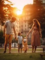 AI Generative Happy family playing together outside  Kid in a superhero costume having fun with mother and dad in the park at sunset  Family love and childhood concept photo