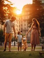 ai generativo contento familia jugando juntos fuera de niño en un superhéroe disfraz teniendo divertido con madre y papá en el parque a puesta de sol familia amor y infancia concepto foto