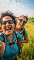 AI Generative Happy female tourist with backpack taking selfie picture with smart mobile phone outside  Millenial woman having fun on adventure trip  Traveling and technology concept photo