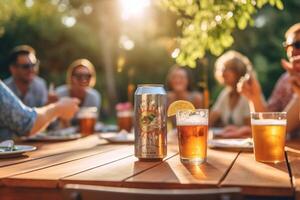 AI Generative Happy friends clinking beer glasses in brewery pub garden  Young people sitting at bar table eating appetizers and drinking alcohol together  Cheerful family dining outside at summ photo