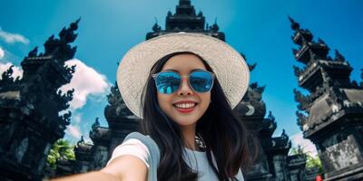 AI Generative Happy female tourist taking selfie outdoors  Travel tourism trip and vacation concept photo