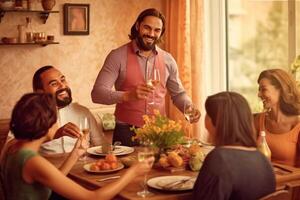 AI Generative Happy friends having pasta dinner party at home  Multiracial people drinking red wine at lunch break  Food and beverage concept with guys and girls dining together photo