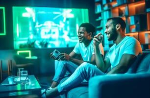 AI Generative Happy friends watching soccer world cup on television at home  Football fans celebrating goal together  Sport entertainment and friendship concept photo