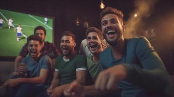 AI Generative Happy friends watching soccer world cup on television at home photo