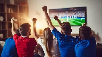 AI Generative Happy friends watching soccer world cup on television at home  Football fans celebrating goal together  Sport entertainment and friendship concept photo