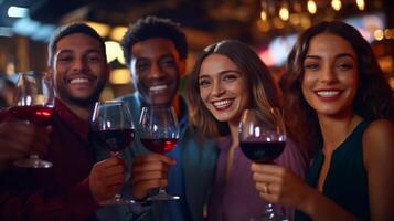AI Generative Happy friends wearing protective face masks toasting red wine sitting at bar restaurant  New normal friendship concept with young people having fun at home party  Focus on glasses photo