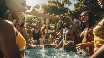 AI Generative Happy group of friends having fun at pool party  Friendship concept with young people laughing together on vacation  Focus on black woman photo