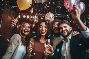 AI Generative Happy group of friends with face mask celebrating new 2021 year  Confetti falling in the air  Young people with balloons in hands making new year party at home  Focus on balloons photo