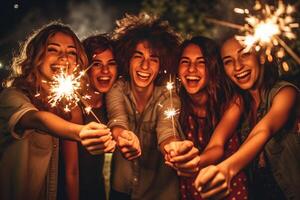 ai generativo contento grupo de amigos con cara máscara celebrando nuevo 2021 año papel picado que cae en el aire joven personas con bengalas haciendo nuevo año fiesta a hogar atención en bengalas foto