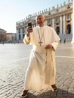 ai generativo contento hermoso caucásico hombre tomar un selfie retrato en frente de S t peters catedral a Vaticano ciudad Roma Italia foto