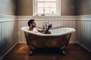 AI Generative Happy handsome man take a selfie inside bathtub in the bathroom of the hotel on holiday photo