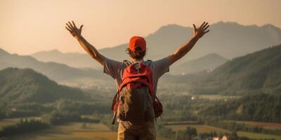 AI Generative Happy hiker jumping on the top of the mountain at sunset  Man with backpack and arms up standing on the cliff  Happiness and travel concept photo