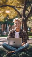 ai generativo contento masculino blogger tomando un selfie en el parque mientras trabajando en ordenador portátil dispositivo utilizando inalámbrico Internet joven hombre Universidad estudiante en línea aprendizaje vía computadora remoto trabajo y entonces foto