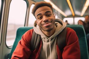 ai generativo contento masculino turista tomando selfie sentado en el tren transporte turismo y viaje concepto foto