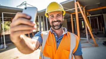 AI Generative Happy man architect at a building site takes a selfie looking at the camera photo