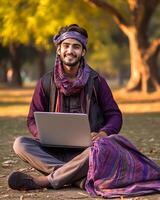 ai generativo contento masculino vistiendo cara máscara tomando un selfie en el parque mientras trabajando en ordenador portátil dispositivo utilizando inalámbrico Internet joven hombre colegio estudiante en línea aprendizaje vía computadora foto