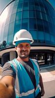 ai generativo contento hombre arquitecto a un edificio sitio toma un selfie mirando a el cámara foto