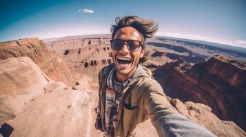 AI Generative Happy man with backpack and sunglasses taking selfie picture on top of the mountain  Cheerful hiker climbing the cliff outdoors  Travel blogger looking at camera  Pov view photo