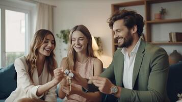 AI Generative Happy millennial couple receiving keys from realtor purchasing real estate  Family meeting with real estate agent  New house and real estate concept photo