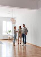 AI Generative Happy millennial couple receiving keys from realtor purchasing real estate  Family meeting with real estate agent  New house and real estate concept photo