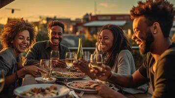 AI Generative Happy mixed race family having dinner together outdoor  Young people having fun on the terrace drinking beers and chatting  Multicultural friends celebrating backyard home party  F photo