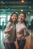 AI Generative Happy mother and daughter having fun laughing together doing work out gym at home photo