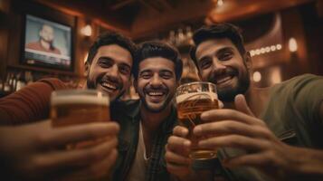 ai generativo contento multirracial amigos Bebiendo cerveza a cervecería pub joven personas teniendo divertido tomando un selfie a bar restaurante amistad concepto foto