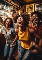 AI Generative Happy multiracial friends group drinking beer at brewery pub restaurant  Friendship concept with young people having fun drinks on happy hour  Focus on black woman photo