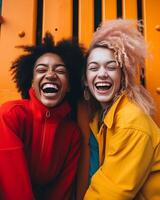 AI Generative Happy multiracial friends standing over isolated background  Cheerful young people socializing outdoors  University students laughing together on yellow wall  Youth culture and fri photo