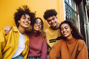 AI Generative Happy multiracial friends standing over isolated background  Cheerful young people socializing outdoors  University students laughing together on yellow wall  Youth culture and fri photo