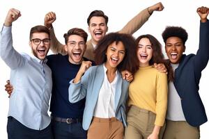 AI Generative Happy multiracial team of students with open arms smiling at camera together  Diverse young people celebrating success together  Community diversity human resources and happy lifes photo