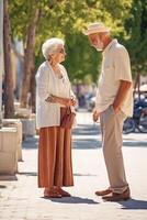 AI Generative Happy senior couple having fun walking on city street  Two older tourists enjoying together weekend summer vacation  Life style tourism and romance moments concept photo