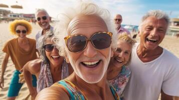 AI Generative Happy senior woman taking selfie with smart mobile phone at the beach  Older female enjoying summer vacation  Summertime holidays mature people and traveling concept photo