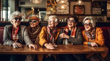 AI Generative Happy senior women drinking cocktail glasses sitting at bar table  Group of best friends enjoying happy hour cheering drinks at pub restaurant  Life style concept with girls hangin photo