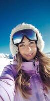 AI Generative Happy skier taking a selfie at mountains  Winter season photo