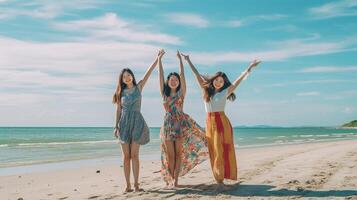 AI Generative Happy three women having fun walking on the beach Young people at holiday vacation at summer enjoy freedom photo