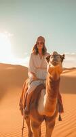AI Generative Happy tourist having fun enjoying group camel ride tour in the desert  Travel vacation activities and adventure concept photo