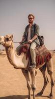 AI Generative Happy tourist having fun enjoying group camel ride tour in the desert  Travel vacation activities and adventure concept photo