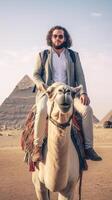 AI Generative Happy tourist having fun enjoying group camel ride tour in the desert  Travel life style vacation activities and adventure concept photo